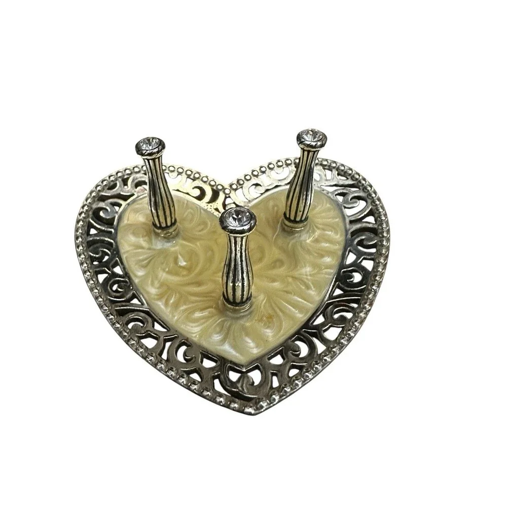 Brighton Lacie Daisy Heart Silver , Crystal & Enamel 3 Place Ring Holder